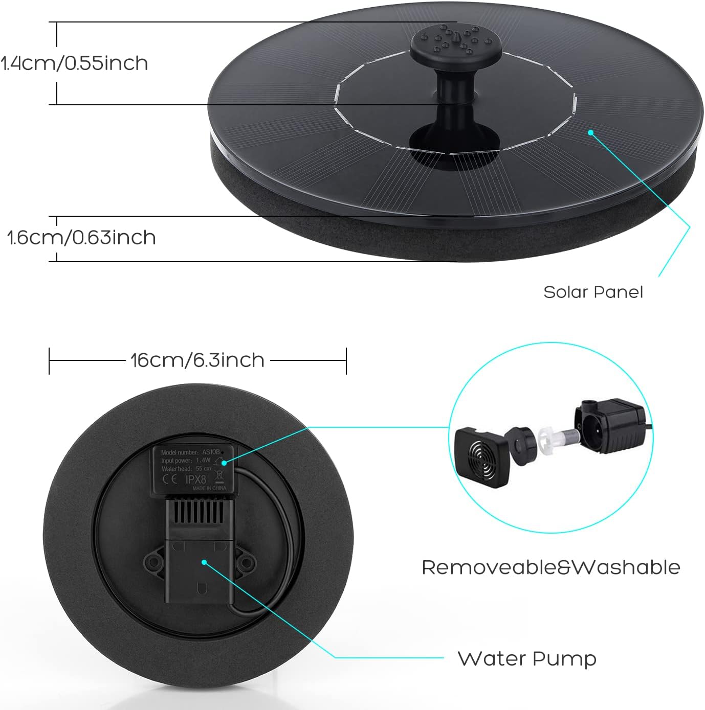 Mademax Solar Bird Bath Fountain Pump, Upgraded 1.4W Solar Fountain with 6 Nozzles, Free Floating Solar Fountain Pump for Bird Bath, Garden, Pond, Pool, Outdoor