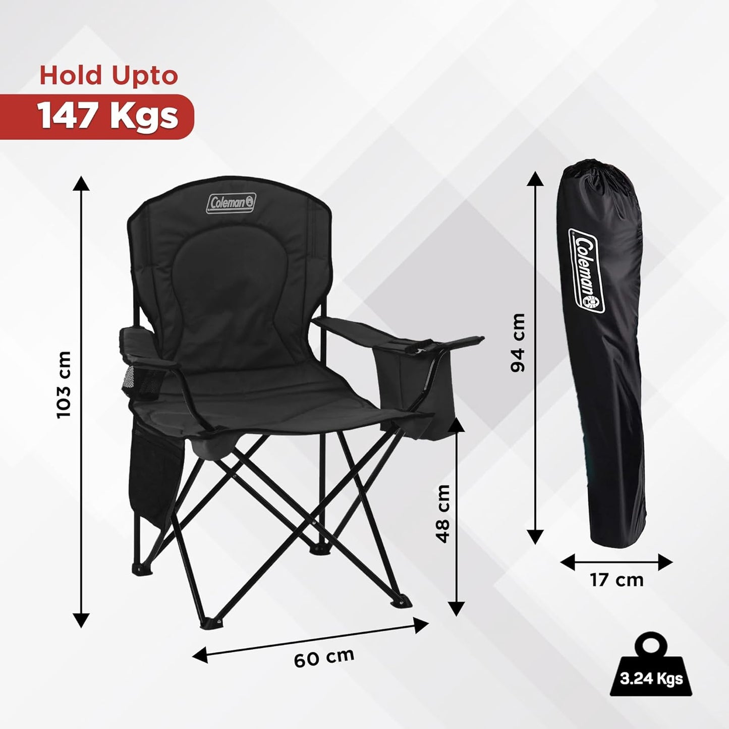 Coleman Portable Camping Chair with 4-Can Cooler, Fully Cushioned Seat and Back with Side Pockets and Cup Holders, Carrying Bag Included, Foldable Chair for Camping, Tailgate, Beach and Sports